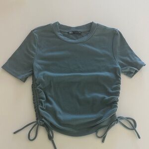 Zara Blue Ruched Side Short Sleeve Top ribbed